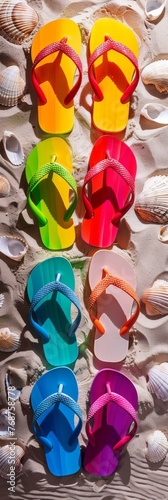Colorful display of flip-flops arranged in a rainbow spectrum against a backdrop of white sand and seashells, capturing the essence of summer footwear created with Generative AI Technology	