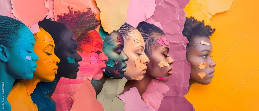 A collage of young male and female faces, heads with colored silhouettes, shadows isolated on a colored background. Human emotions, personality split, mental health issues.