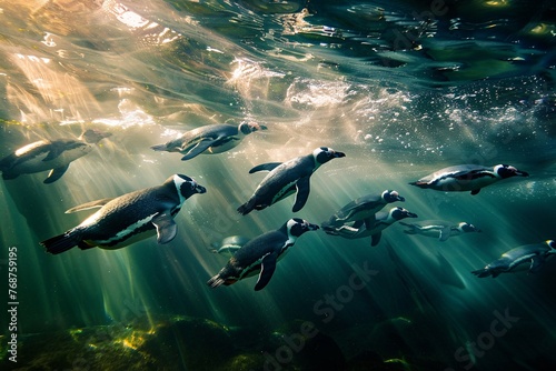 a group of penguins swimming in water
