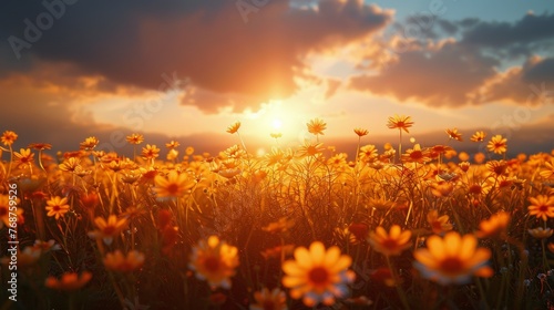 Field of Yellow Flowers Under Cloudy Sky