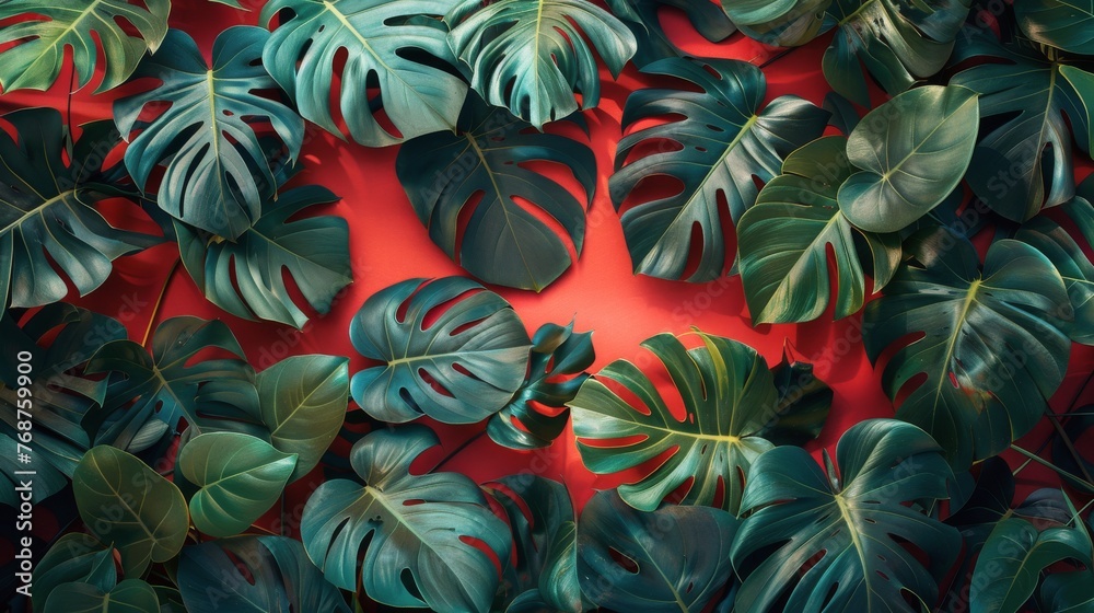 Green Leaves on Red Surface
