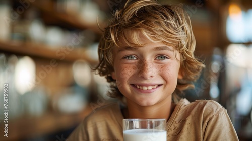 Little Boy Holding Glass of Milk