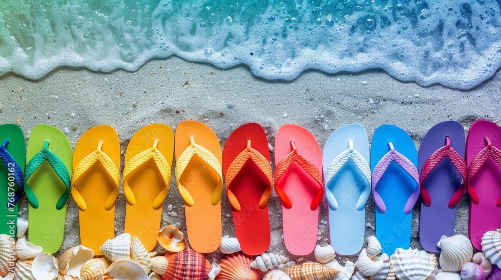 Colorful display of flip-flops arranged in a rainbow spectrum against a ...