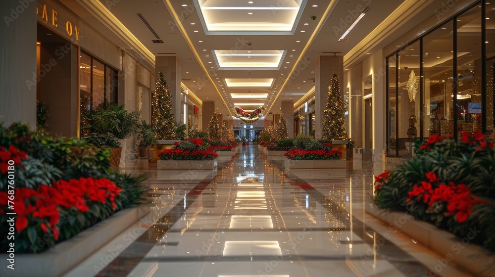 Fototapeta premium Festive Hallway With Christmas Decorations and Poinsettias