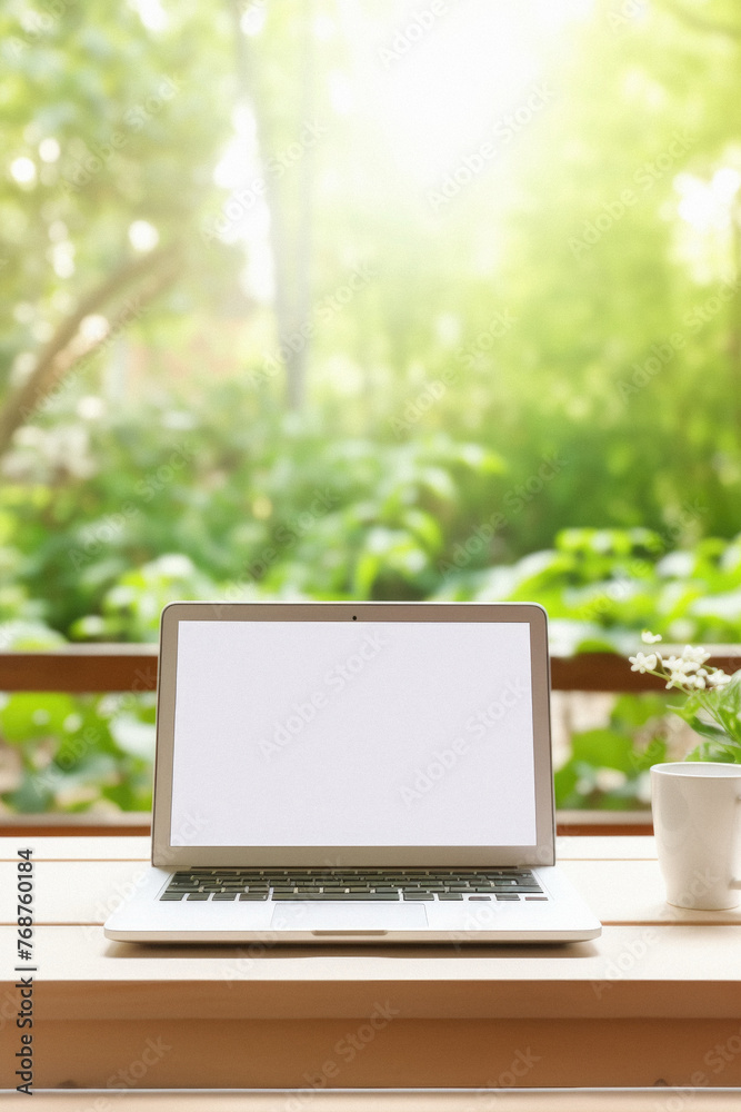 Laptop with blank screen on wooden table and green garden background . Laptop with blank screen on wooden table and green garden background .