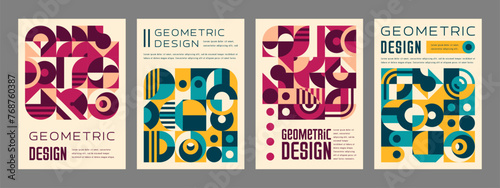 Modern abstract geometric pattern posters in yellow, turquoise, maroon and purple, vector cover template. Retro Swiss or modern Scandinavian pattern with geometric bauhaus shapes and color elements