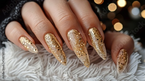 Womans Hand With Gold Glitter Nails