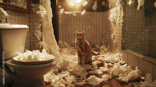 Cat in a Toilette Room with a Mess