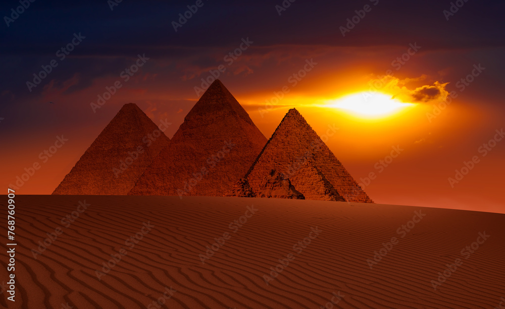 Giza Pyramid Complex at amazing sunset - Cairo, Egypt