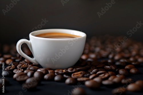 a cup of coffee on a pile of coffee beans