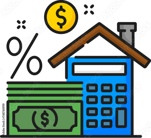 Mortgage icon for real estate buy or house apartments rent, vector color line. Residential property mortgage loan for purchase or home rental, outline icon of house and money with calculator percent