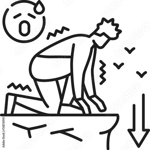 Psychology problem, human cremnophobia phobia icon, mental health. Fear of precipices, mental disorder outline vector icon. People psychology problem linear symbol with scared man on cliff