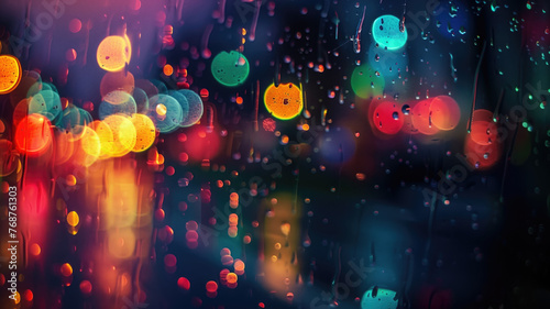 Multicolor bokeh, raining light, blurry lights, blurry background, rainbow confettis on a black background, colorful, night lights, city lights, haze, depth of field, round bokeh, circle bokeh  photo