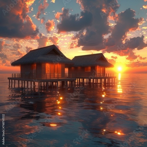 Sunset Hut on Water © olegganko
