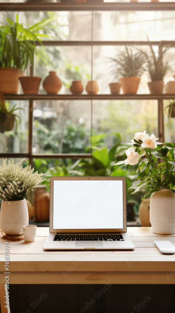 Laptop with blank screen on wooden table in coffee shop, Laptop with blank screen on wooden table in coffee shop,