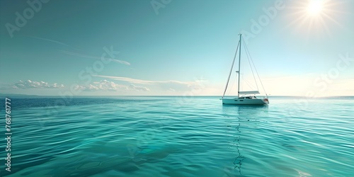 The significance of safety and rescue equipment highlighted by a sailboat stranded in the ocean under a clear sky. Concept Boating Safety, Rescue Equipment, Stranded Sailboat, Oceanic Adventure