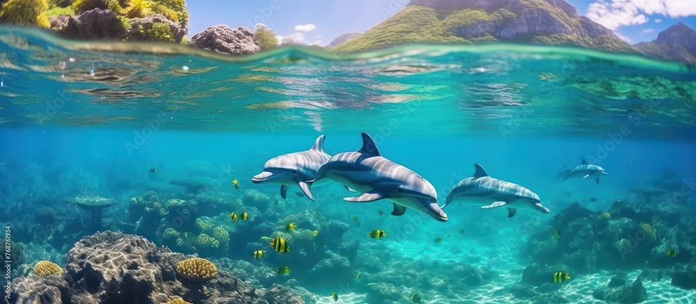 group of dolphins underwater with tropical reef background