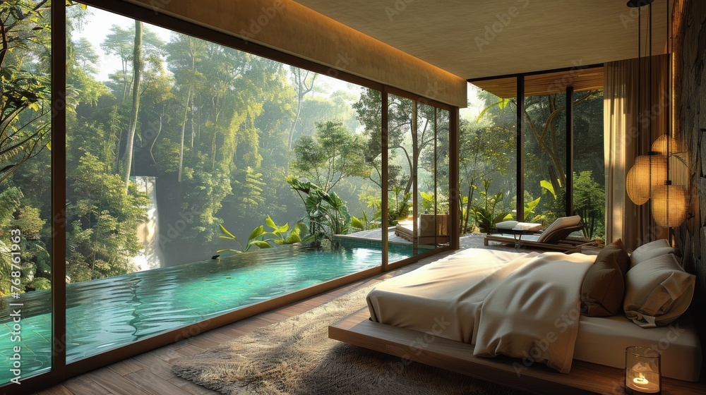 Luxurious Bedroom Overlooking Pool and Trees