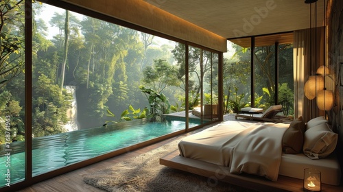 Luxurious Bedroom Overlooking Pool and Trees © olegganko
