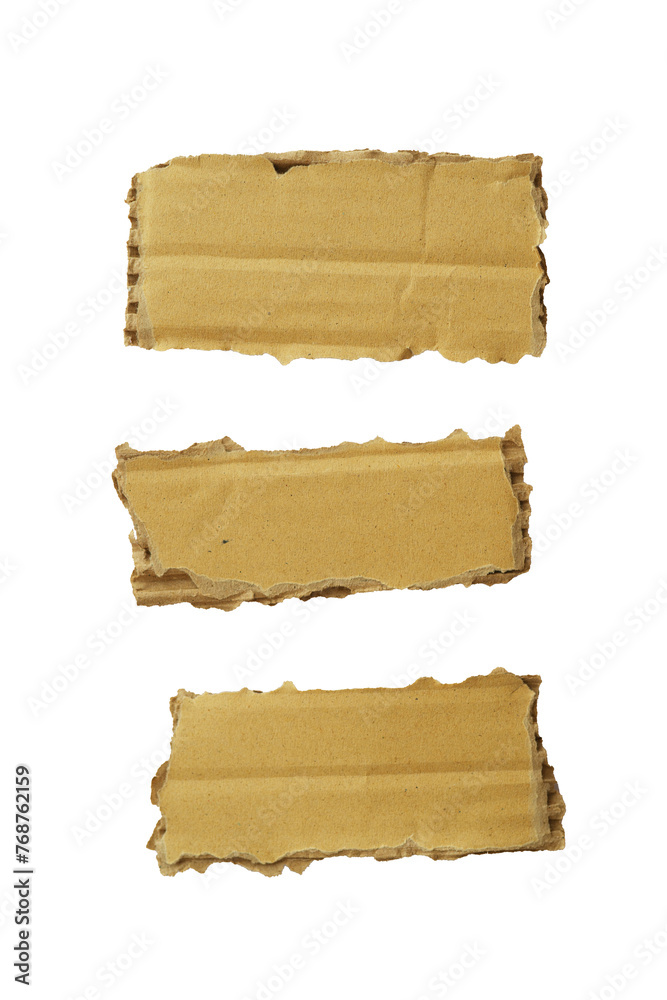 three pieces of torn cardboard  isolated on white background