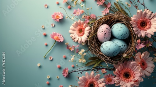 Birds Nest, Eggs, and Daisies on Blue Background