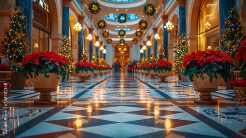 Festive Hallway With Christmas Decorations and Poinsettias