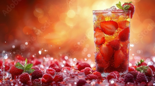 Glass of Liquid With Strawberries on Table