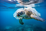 Underwater concept of global problem with plastic rubbish floating in the oceans. Turtle in caption of plastic bag