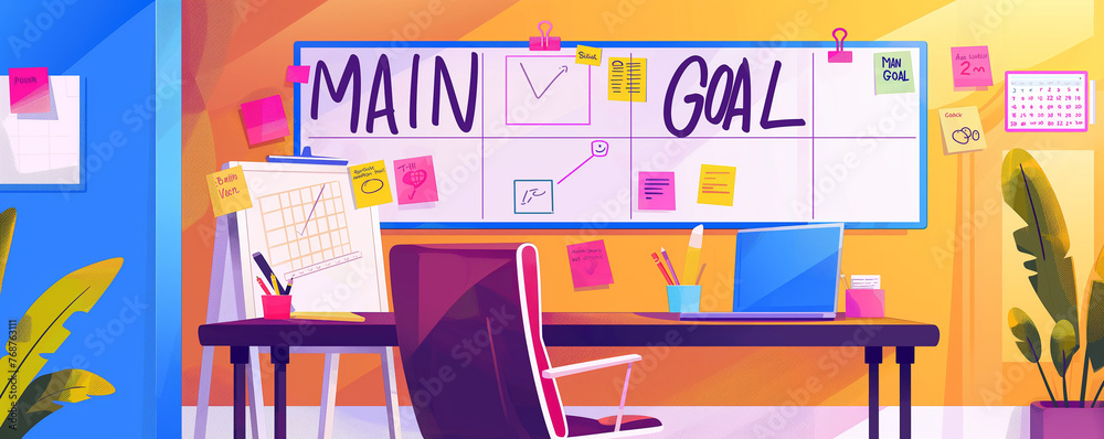 Colorful Home Office Workspace with Goal Planning Concept