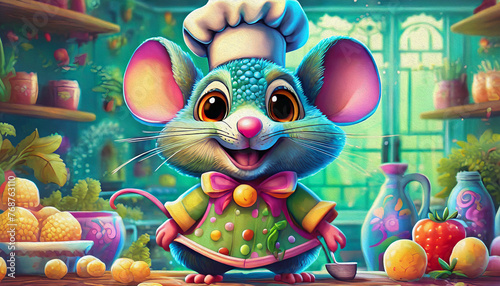 Caucasian mouse with smile dressed as a chef in the kitchen photo
