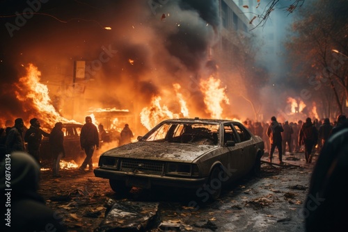 Group of People Surrounding Burnt Car After Riot Generative AI