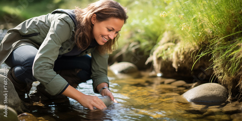 Biologin untersucht die Wasserqualität eines Flusses photo