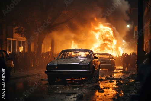 Cars Driving Next to Fire During Riot Generative AI © Johnathan