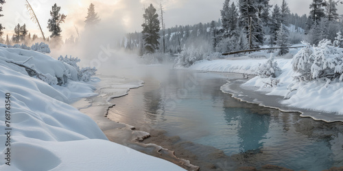 A winter landscape with steam rising from a river surrounded by snow-covered trees and banks in a chilly atmosphere