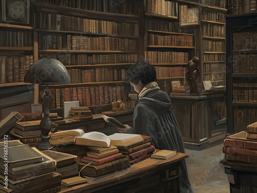 A man is sitting at a desk in a library, reading a book. The room is filled with bookshelves, and there are many books scattered around the room. The atmosphere of the image is calm and peaceful