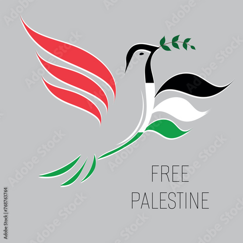 linear silhouette dove with a olive branch in the colors of the Palestine flag. Pigeon Dove Bird in shape of Palestine flag in the struggle for peace. Text Free palestine