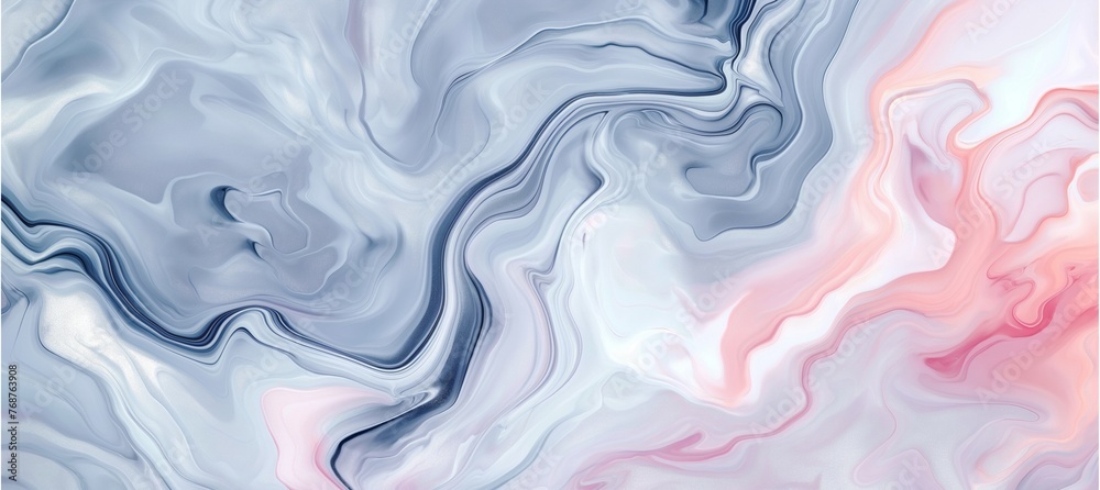 Fototapeta premium An abstract marbled acrylic paint ink creates painted waves, forming a textured background banner in pink and grey colors.