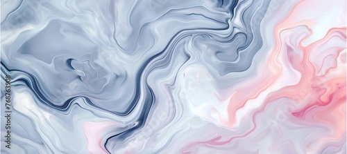 An abstract marbled acrylic paint ink creates painted waves, forming a textured background banner in pink and grey colors.