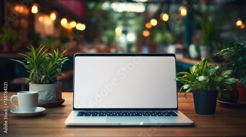 Mockup laptop with blank white screen on wooden table in cafe