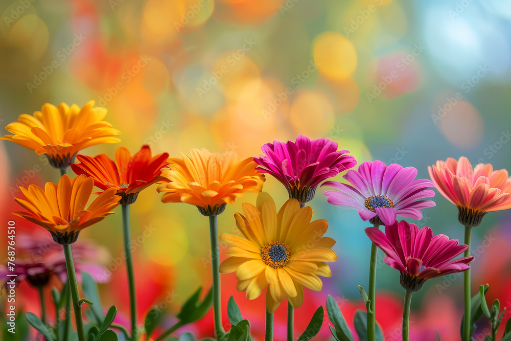 A row of colorful flowers with a blue background. The flowers are of different colors. The arrangement creates a cheerful and vibrant atmosphere. Whimsical Daisies in a Rainbow Gradient A row of colorful flowers with a blue background. The flowers are of different colors. The arrangement creates a cheerful and vibrant atmosphere. Whimsical Daisies in a Rainbow Gradient