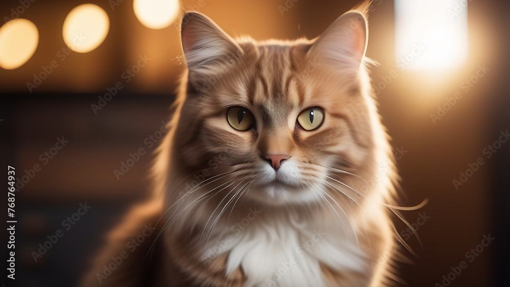 Portrait of a ginger cat with a white chest and yellow eyes on a background with blurred lights. Illustration of a beautiful domestic cat, space for copy, text and advertising. Pet Products Ads Portrait of a ginger cat with a white chest and yellow eyes on a background with blurred lights. Illustration of a beautiful domestic cat, space for copy, text and advertising. Pet Products Ads