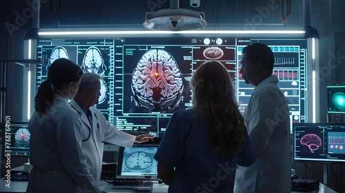 Hospital research lab: Neurologists watch TV, analyze MRI brain scans, find treatment for patients. Healthcare neurologist treats people. Zoom view of the brain. Neurosurgery