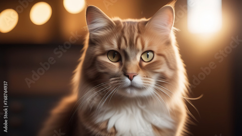 Portrait of a ginger cat with a white chest and yellow eyes on a background with blurred lights. Illustration of a beautiful domestic cat  space for copy  text and advertising. Pet Products Ads