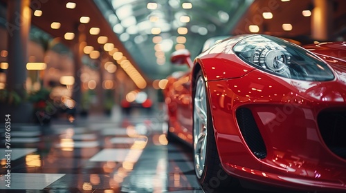 Luxury Red Sports Car Showcased in Showroom © lin