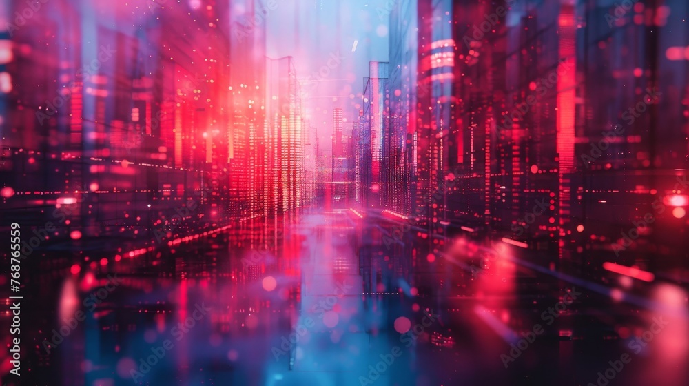 An album cover for an electronic music artist, featuring a neon-colored glass blur effect over a dark, moody cityscape.