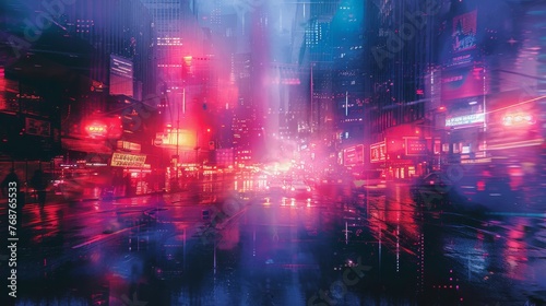 An album cover for an electronic music artist  featuring a neon-colored glass blur effect over a dark  moody cityscape.