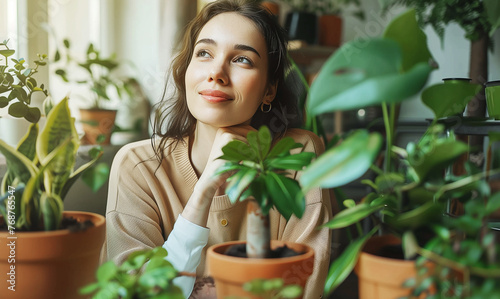 Woman sitting among plants at home
