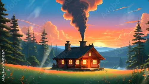 Log cabin in the middle of the forest with orange sky. Seamless looping 4k video Animation background  photo
