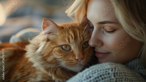 Beautiful young blonde woman hugging her orange cat