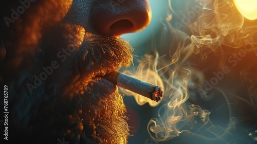 A detailed macro shot capturing the glowing ember of a lit cigarette held between lips with smoke swirling around. 